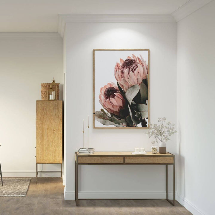 The wall art photo print of a peach protea floral b with a timber frame or unframed for your hallway