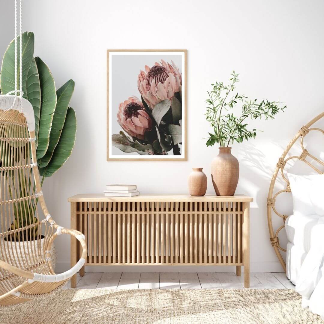 The wall art photo print of a peach protea floral b with a timber frame to decorate your bedroom by Beautiful HomeDecor