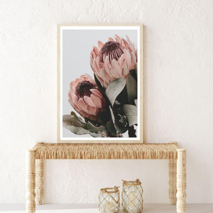 The wall art photo print of a peach protea floral b with a timber frame in hallway shop online at Beautiful Home Decor with free shipping