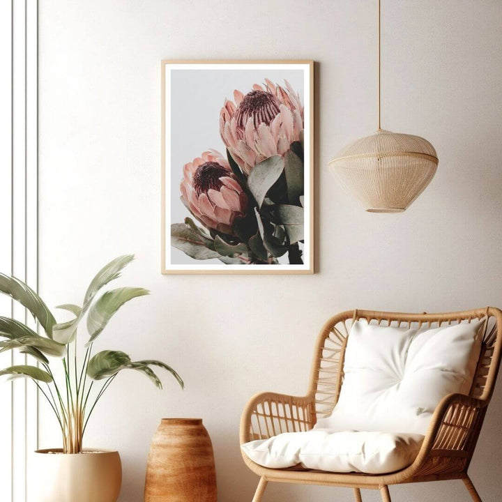 The wall art photo print of a peach protea floral b with a timber frame for the living room by Beautiful HomeDecor