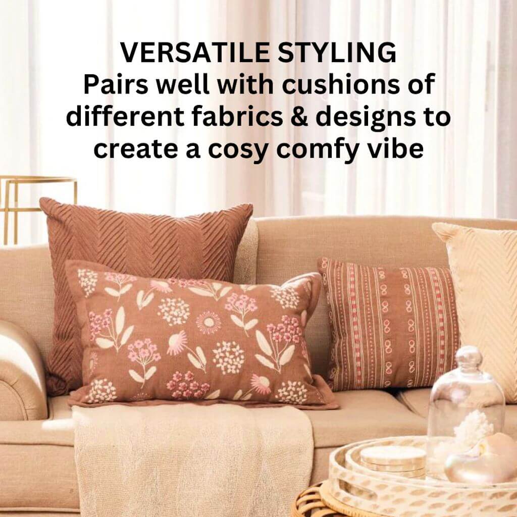 Style along other decorative cushions, the Posy Embroidered Floral Cushion in Warm Taupe, pink and cream, measures 35cm x 55cm rectangle.