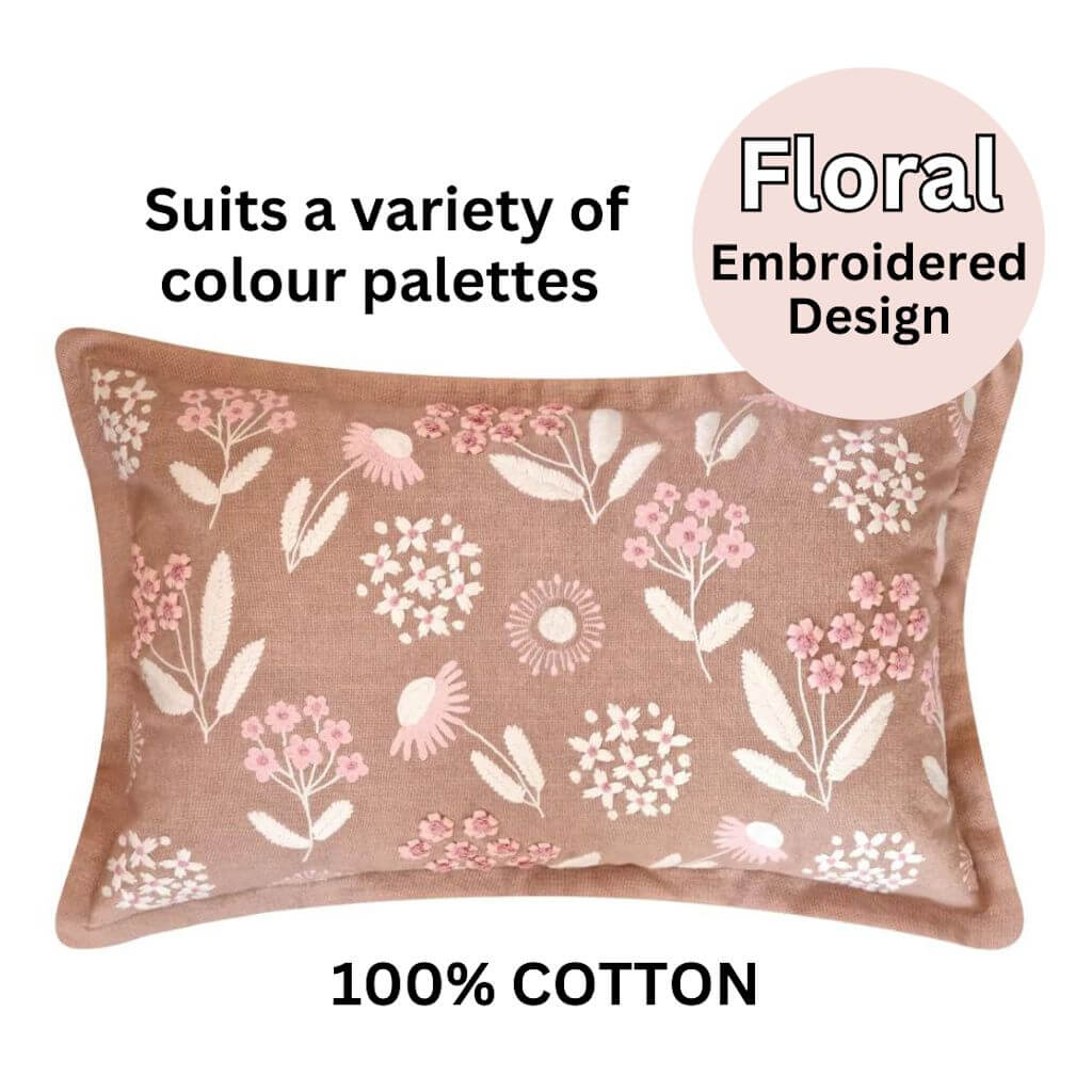 The cotton Posy Embroidered Floral Cushion in Warm Taupe, pink and cream, measures 35cm x 55cm rectangle, perfect to style your bedroom or living room.