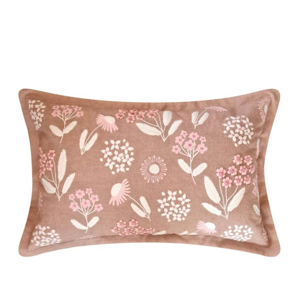 The Posy Floral Embroidered Cushion in Warm Taupe, pink and cream, measures 35cm x 55cm rectangle, perfect to style your bedroom or living room.
