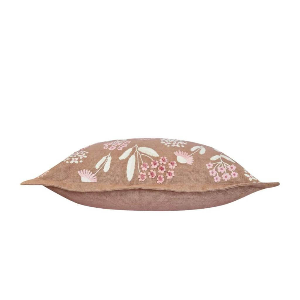 The gorgeous Posy Embroidered Floral Cushion in Warm Taupe, pink and cream, 35cm x 55cm rectangle, perfect to style your bedroom bed or living room. sofa
