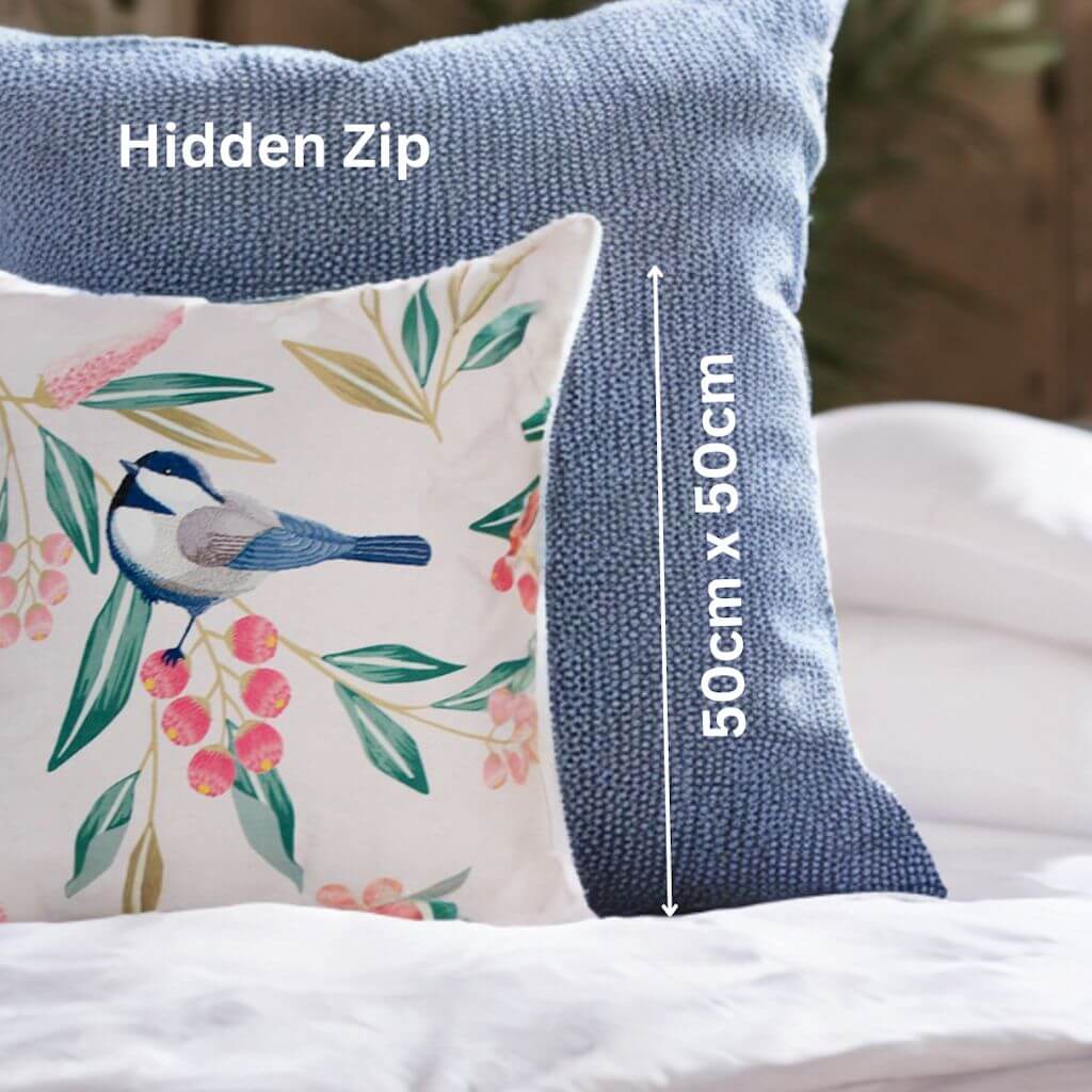 The square Pretty Bird cushion measures 50cm and has a hideen zip.