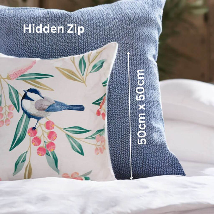 The square Pretty Bird cushion measures 50cm and has a hideen zip.