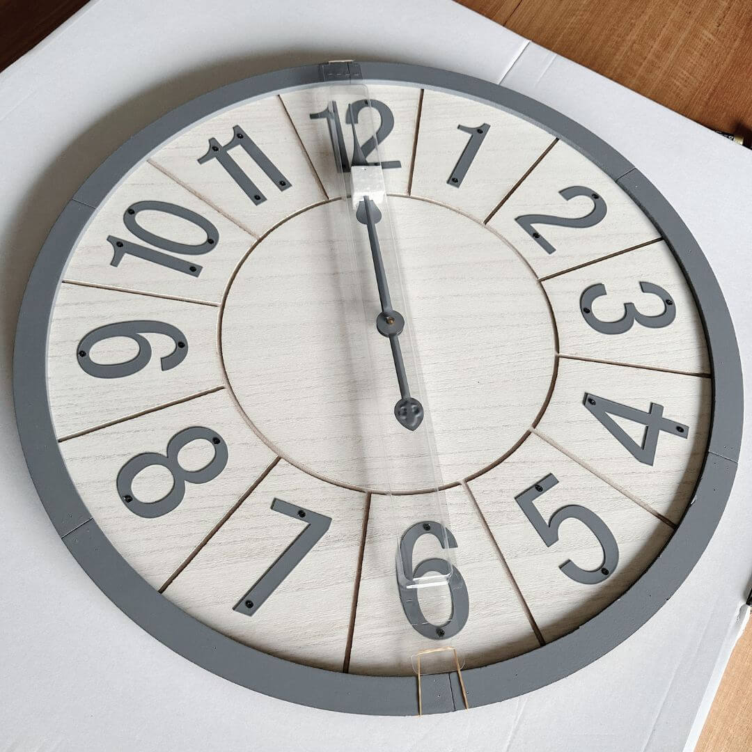 A gorgeous big 60cm Scandi White Wall Clock with grey metal numbers.