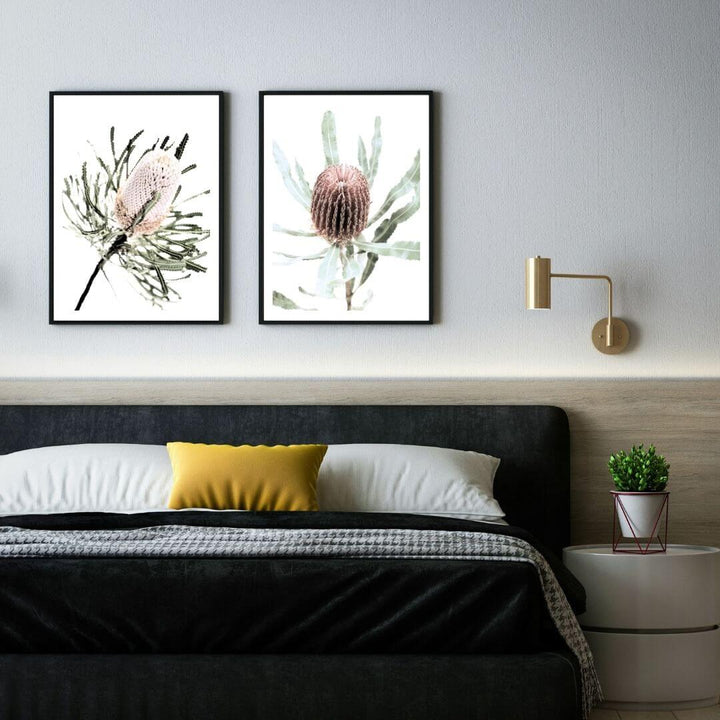 A set of 2 Australian Native Banksia Floral Flowers Wall Art Prints with a black frame, no border on bedoom wall Australian Native Prints
