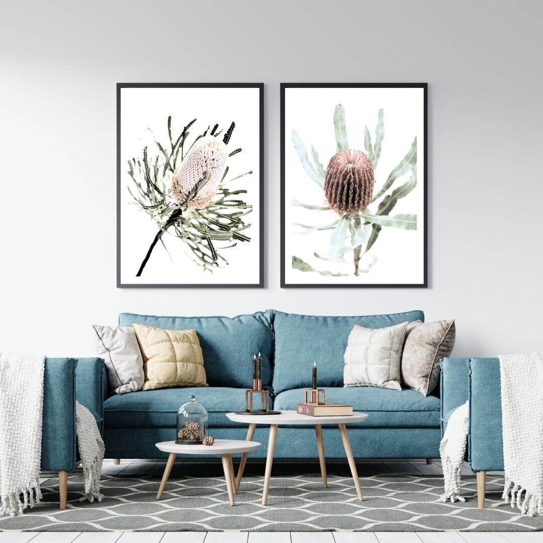 A set of 2 Australian Native Banksia Floral Flowers Wall Art Prints with a black frame or unframed for your empty living room walls