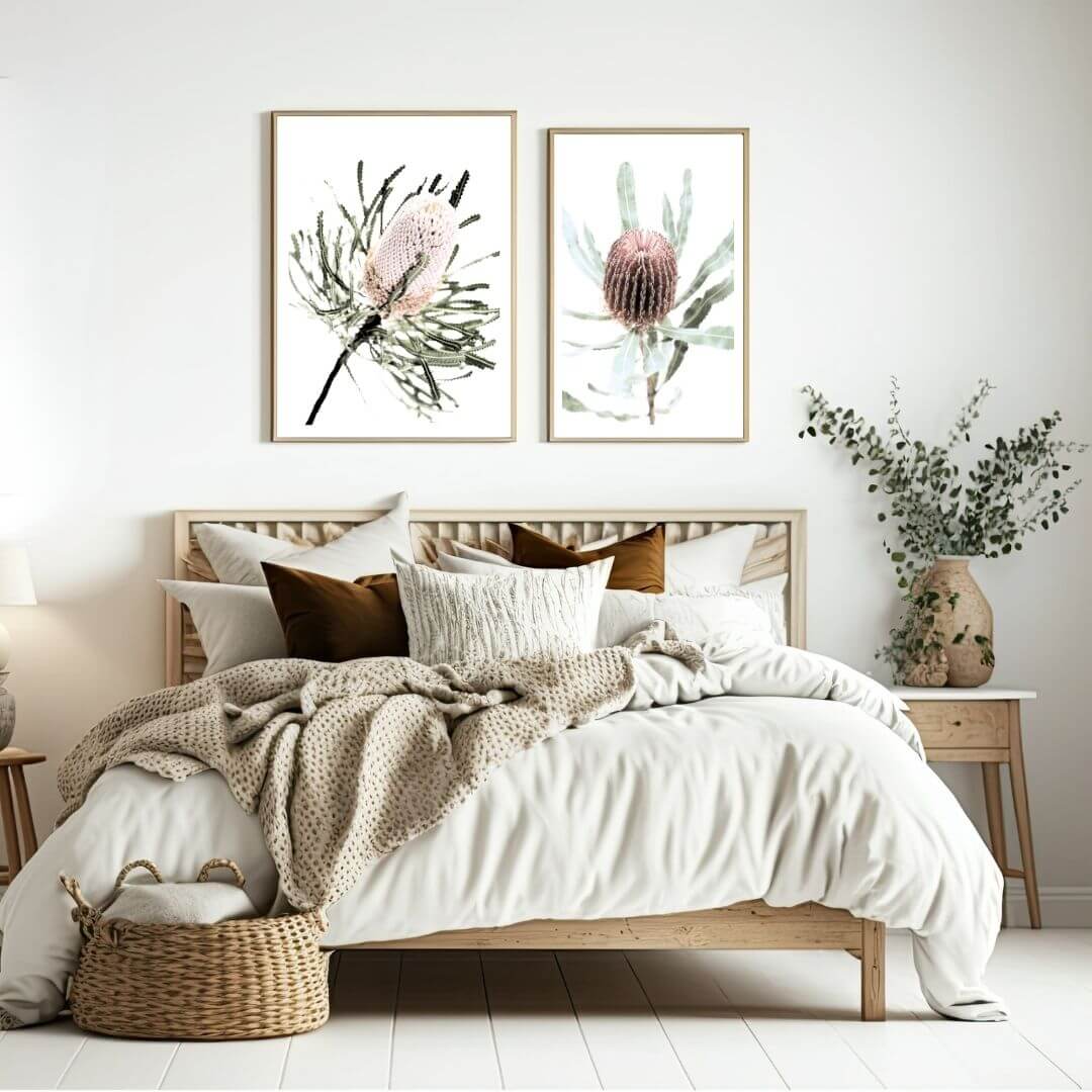 A set of 2 Australian Native Banksia Floral Flowers Wall Art Prints with a timber frame to decorate your bedroom by Beautiful Home Decor