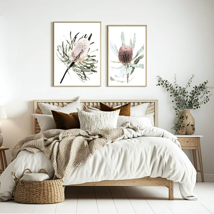 A set of 2 Australian Native Banksia Floral Flowers Wall Art Prints with a timber frame to decorate your bedroom by Beautiful Home Decor