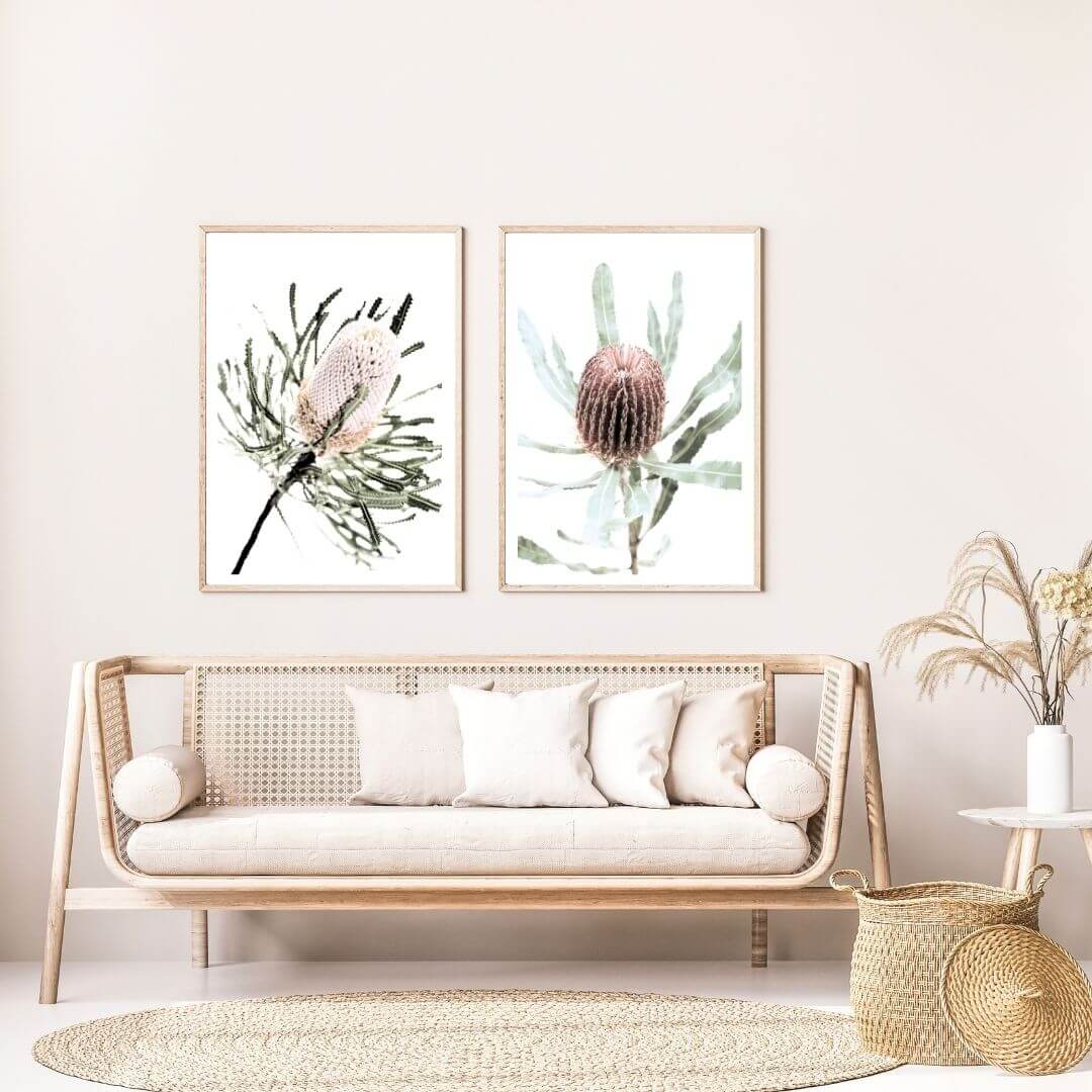 A set of 2 Australian Native Banksia Floral Flowers Wall Art Prints with a timber frame in hallway shop online at Beautiful Home Decor with free shipping
