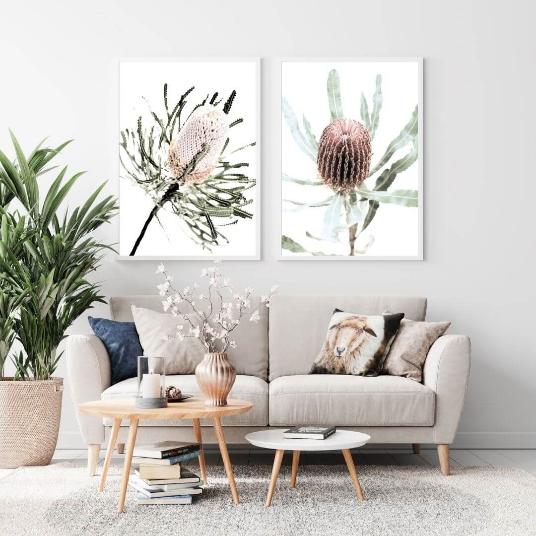 A set of 2 Australian Native Banksia Floral Flowers Wall Art Prints with a white frame or unframed for your bedroom walls