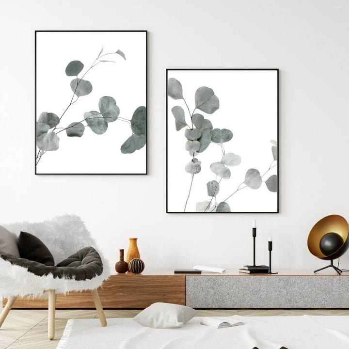 A set of 2 Australian Native Eucalyptus Leaves Wall Art Prints with a black frame or unframed to decorate a wall in your living room