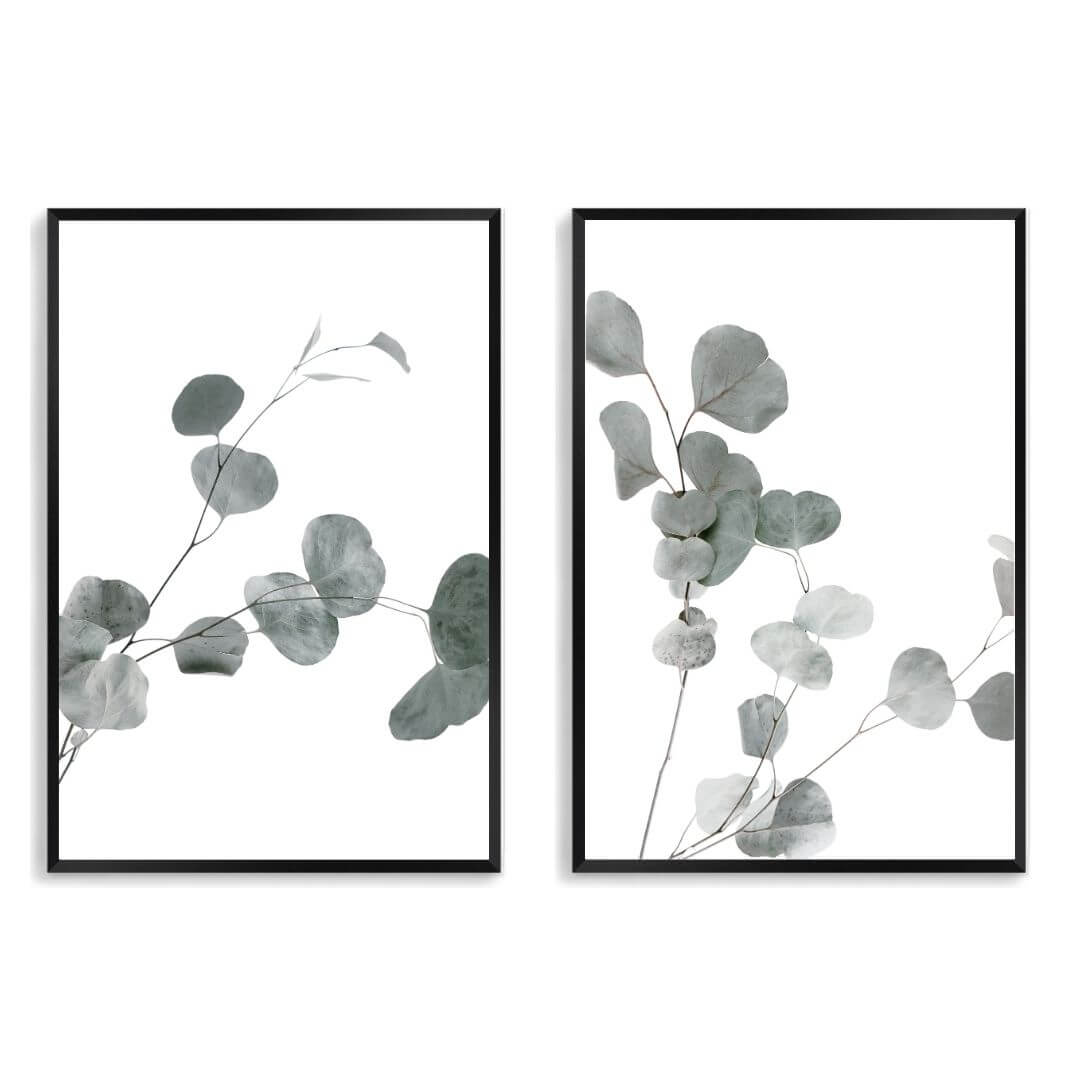 A set of 2 Australian Native Eucalyptus Leaves Wall Art Prints with a black frame, no white border at Beautiful HomeDecor