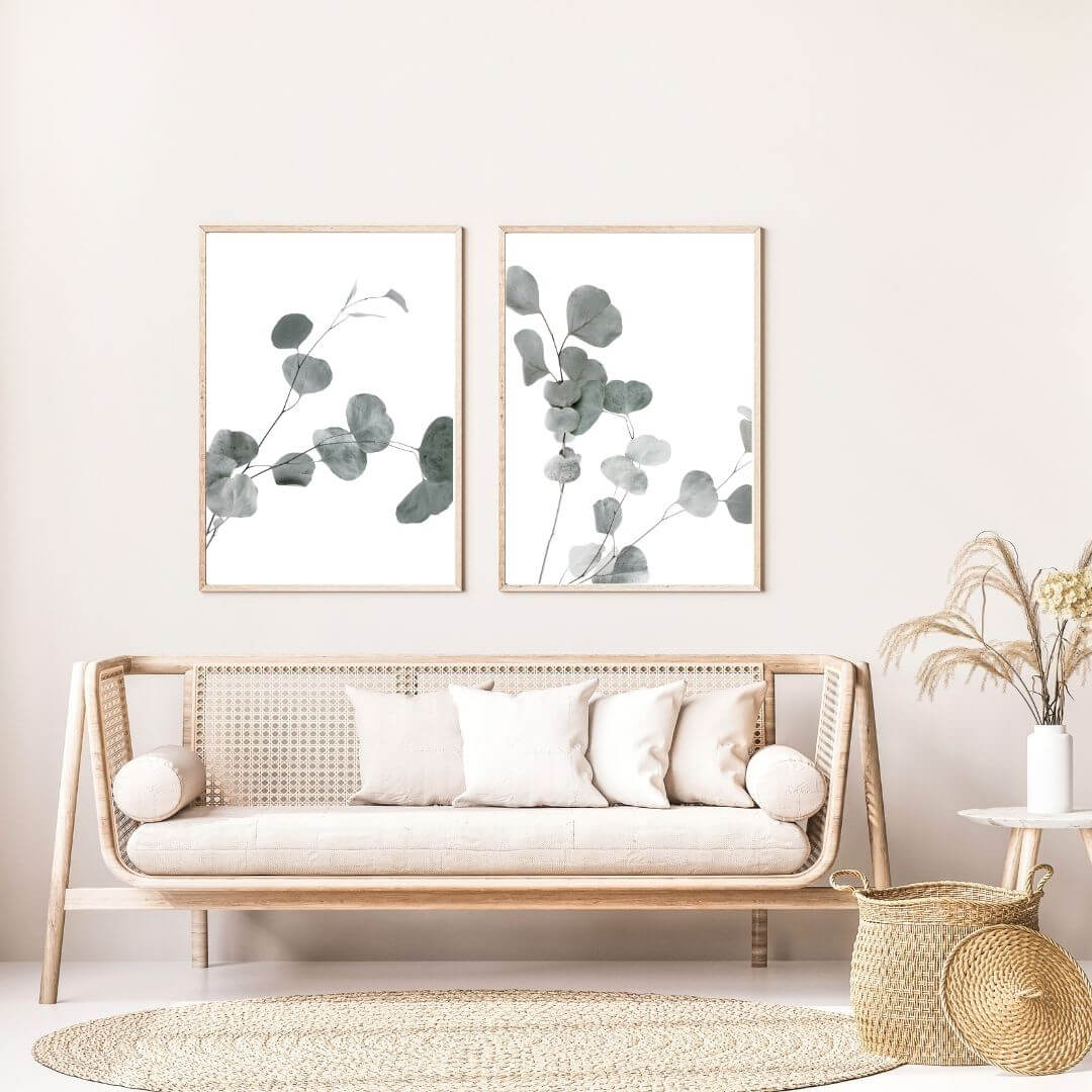 A set of 2 Australian Native Eucalyptus Leaves Wall Art Prints with a timber frame to style a coastal Australian empty walls.