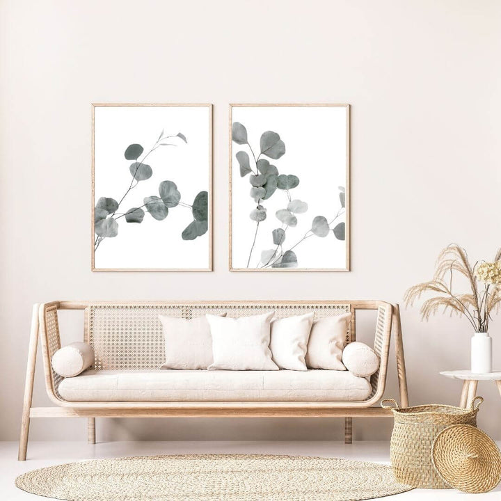 A set of 2 Australian Native Eucalyptus Leaves Wall Art Prints with a timber frame to style a coastal Australian empty walls.