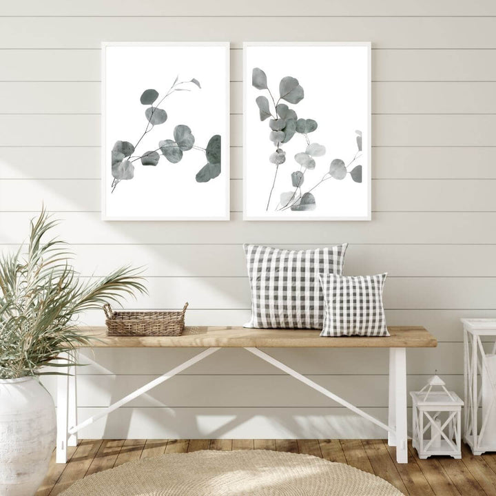 A set of 2 Australian Native Eucalyptus Leaves Wall Art Prints with a white frame to decorate your hallway empty walls