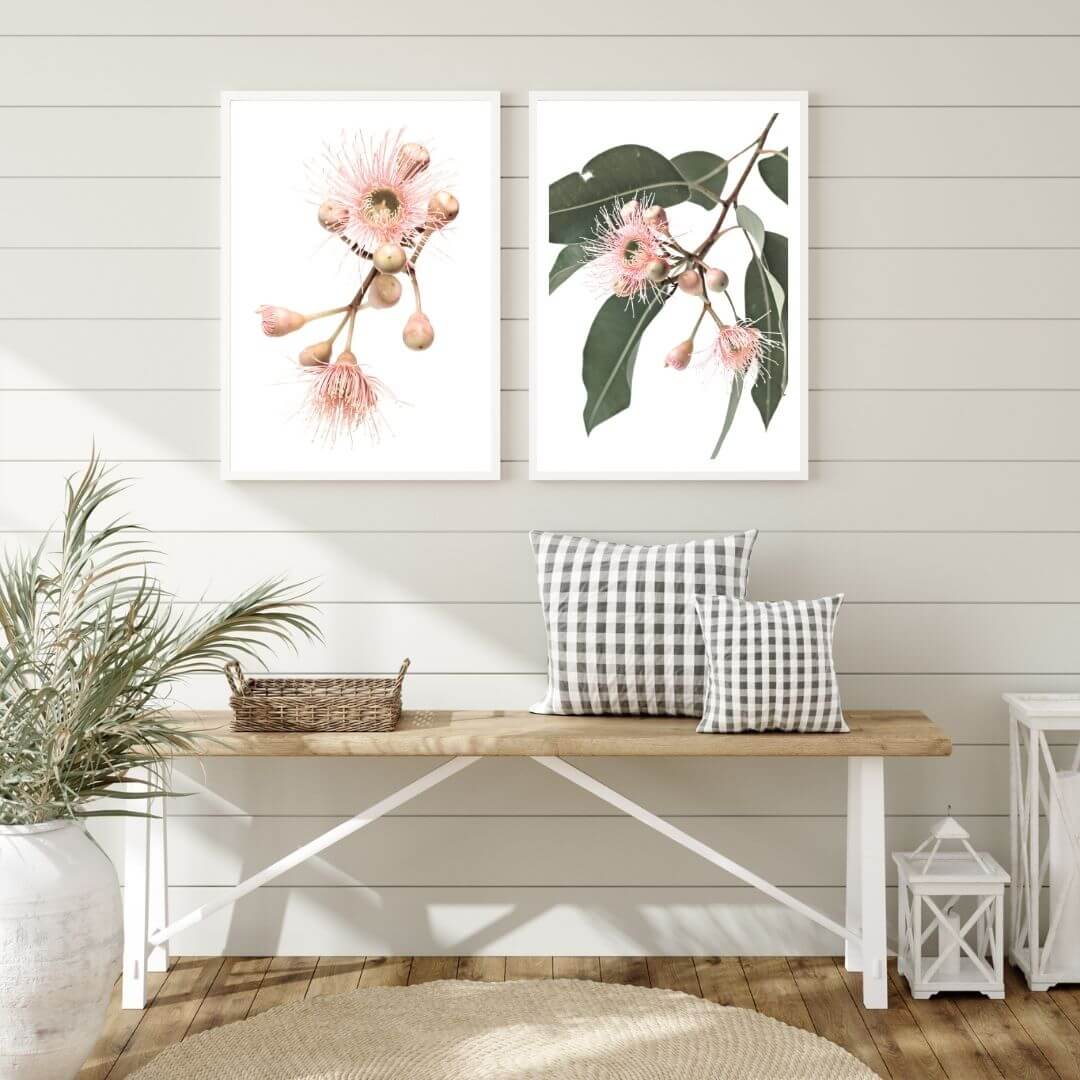A set of 2 Native Gum Eucalyptus Flower Wall Art Prints with a white frame to decorate your hallway empty walls