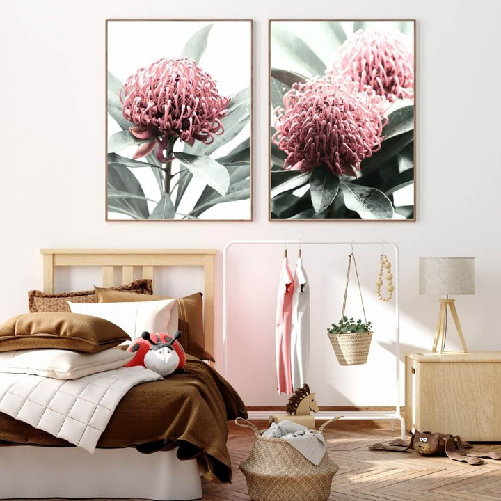 A set of 2 Australian Native Waratah Flowers Wall Art Photo Prints with a timber frame or unframed for the wall in a kids or teens coastal room