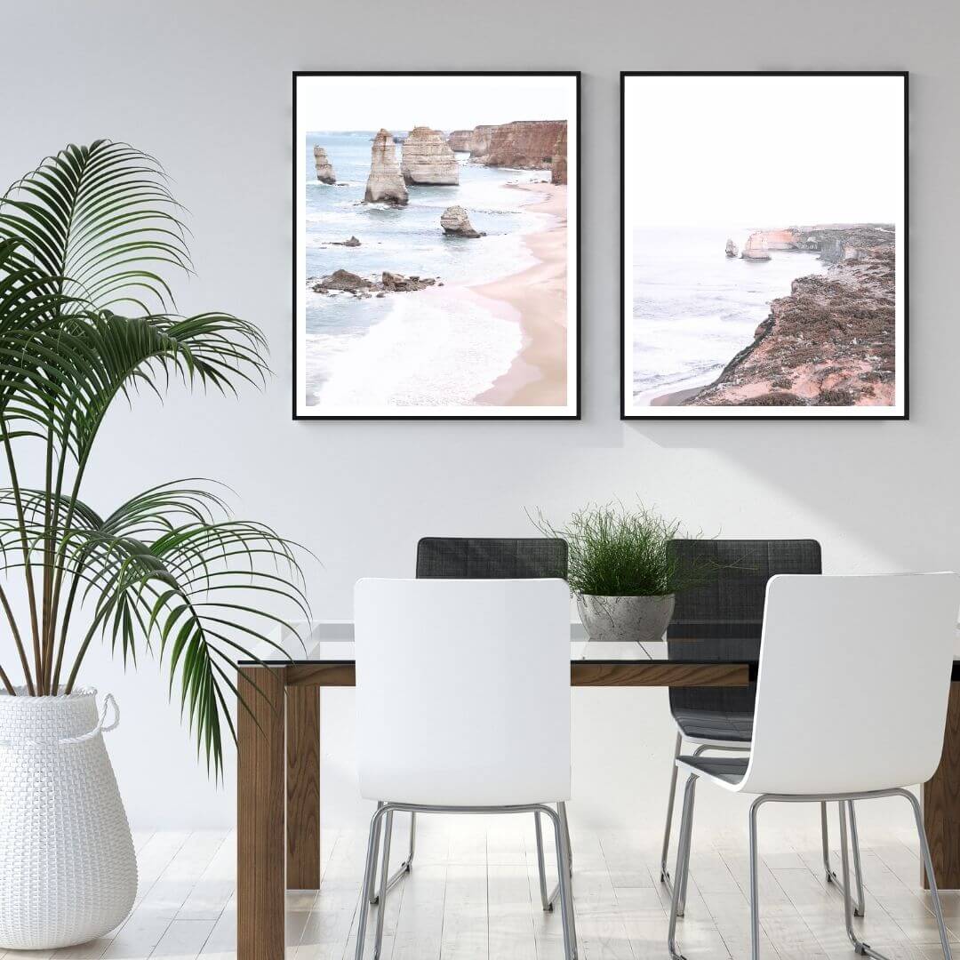 A set of 2 Great Ocean Road Twelve Apostles Wall Art Prints with a frame in black to style a wall in your living room