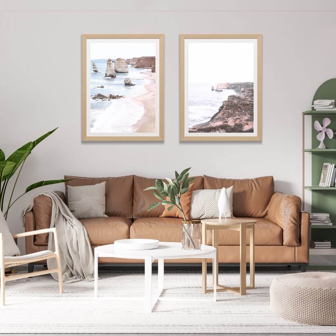 A set of 2 Great Ocean Road Twelve Apostles Wall Art Prints with a timber frame or unframed to decorate walls in living room