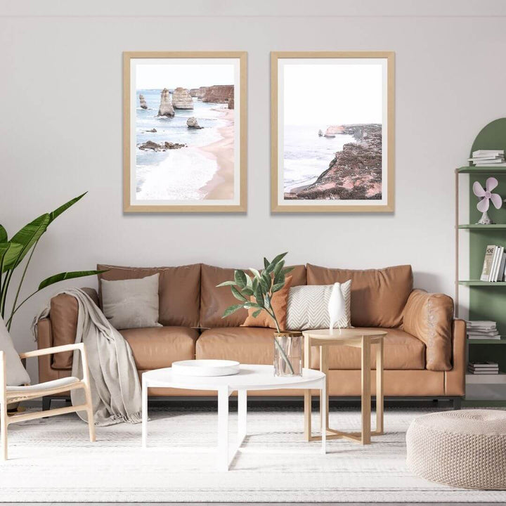 A set of 2 Great Ocean Road Twelve Apostles Wall Art Prints with a timber frame or unframed to decorate walls in living room