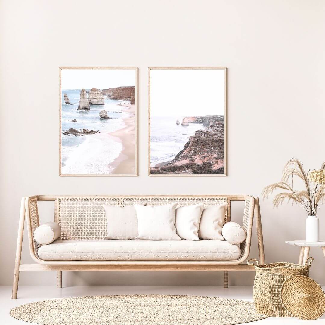 A set of 2 Great Ocean Road Twelve Apostles Wall Art Prints with a timber frame for the living room by Beautiful Home Decor