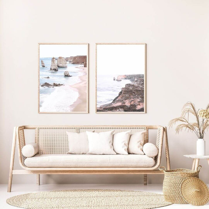 A set of 2 Great Ocean Road Twelve Apostles Wall Art Prints with a timber frame for the living room by Beautiful Home Decor