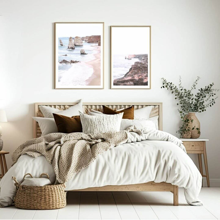 A set of 2 Great Ocean Road Twelve Apostles Wall Art Prints with a timber frame to decorate your bedroom by Beautiful Home Decor