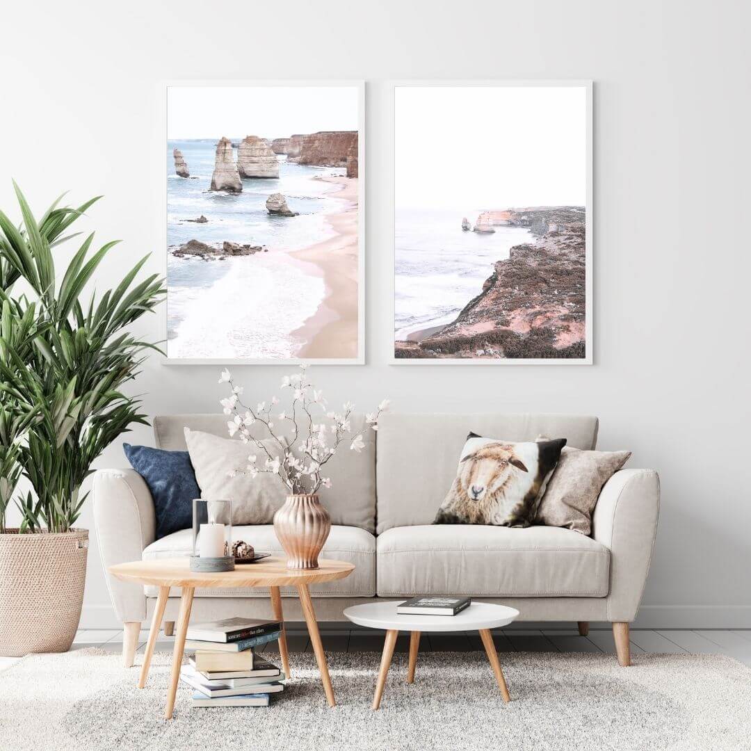 A set of 2 Great Ocean Road Twelve Apostles Wall Art Prints with a white frame or unframed to style shelves and empty walls