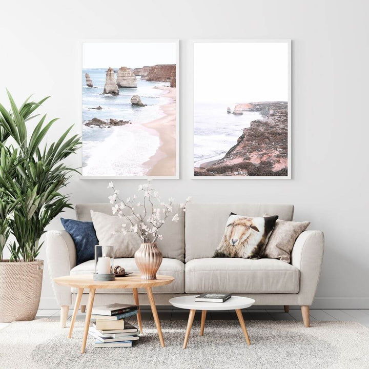 A set of 2 Great Ocean Road Twelve Apostles Wall Art Prints with a white frame or unframed to style shelves and empty walls
