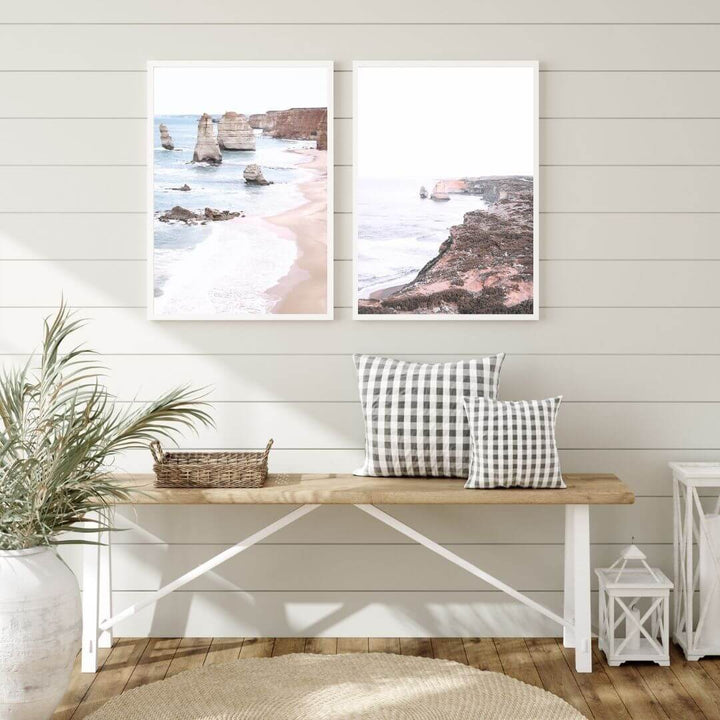 A set of 2 Great Ocean Road Twelve Apostles Wall Art Prints with a white frame to decorate your hallway empty walls