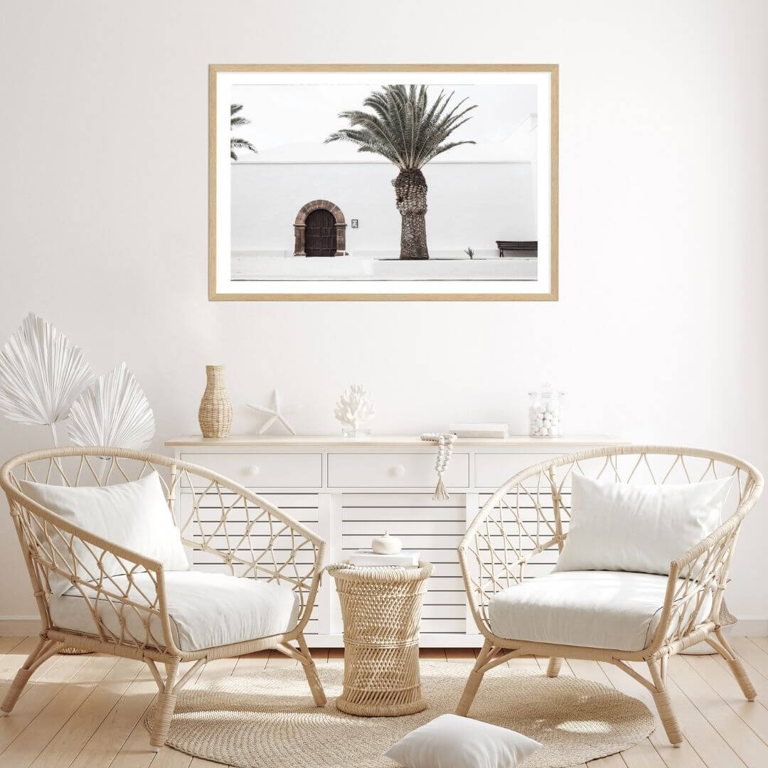 A White Spanish Church Wall Art Print with a Palm Tree  with a timber frame for the living room by Beautiful Home Decor