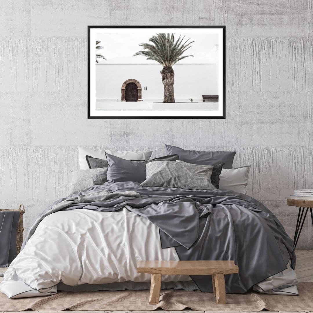 A White Spanish Church Wall Art Print with a Palm Tree  with a black frame to decorate your bedroom by Beautiful Home Decor