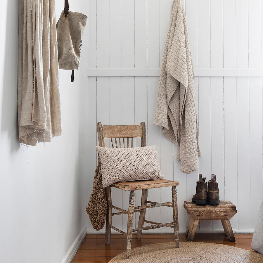 The Tanami Throw in Stone Neutral Brown measures 130cm x 200cm styles well with a variety of design styles and cushions.