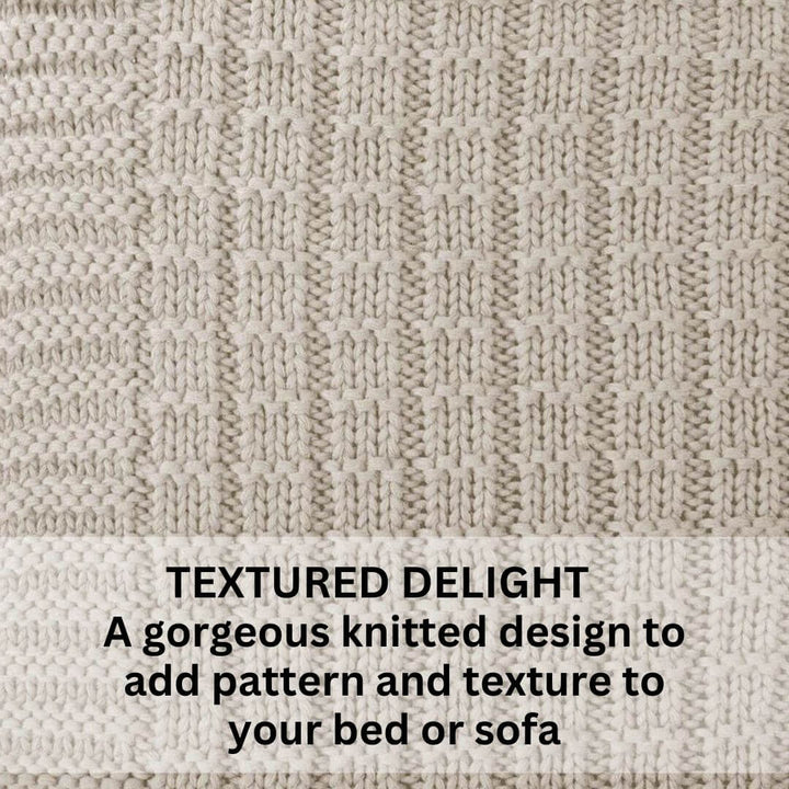 The Tanami Throw in Stone Neutral Brown with a knitted pattern measures 130cm x 200cm.