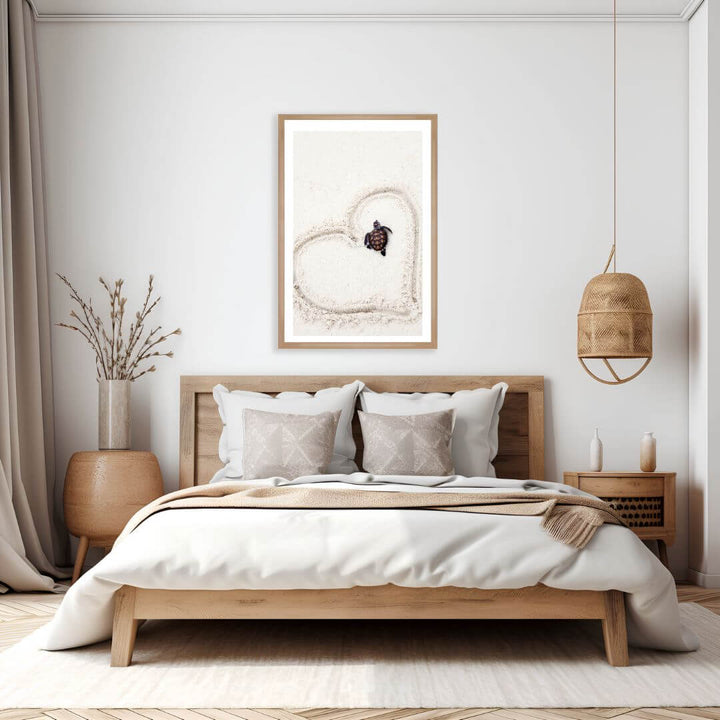 A wall art photo print of a turtle on the beach with a timber frame to decorate your bedroom by Beautiful HomeDecor