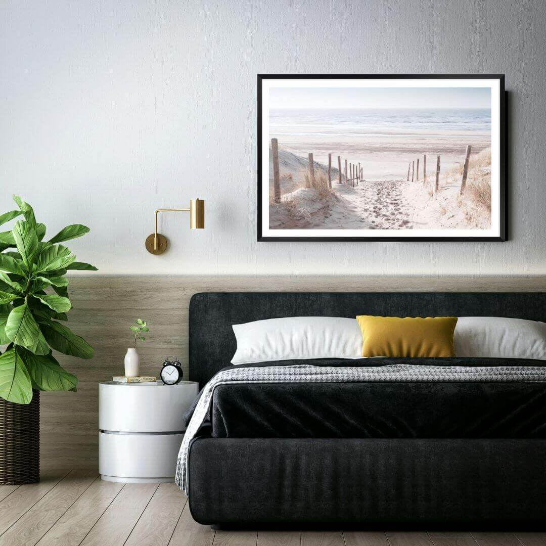 A wall art photo print of a walk on the beach with a black frame to decorate your bedroom by Beautiful HomeDecor