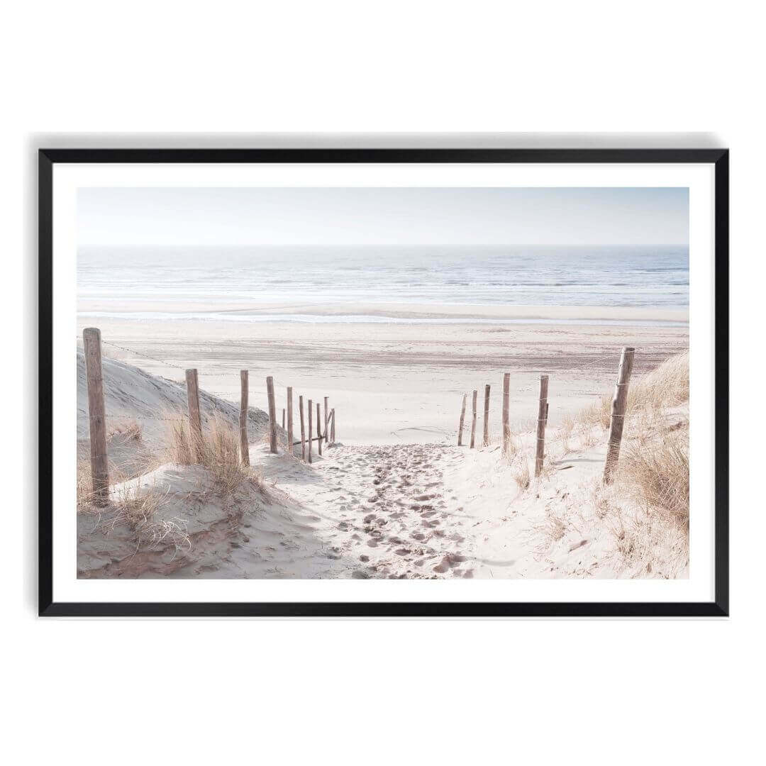 A wall art photo print of a walk on the beach with a black frame, white border by Beautiful Home Decor