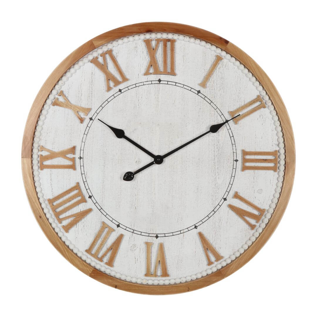 A large 68cm white hamptons roman numerical wall clock with raised timber numerals.