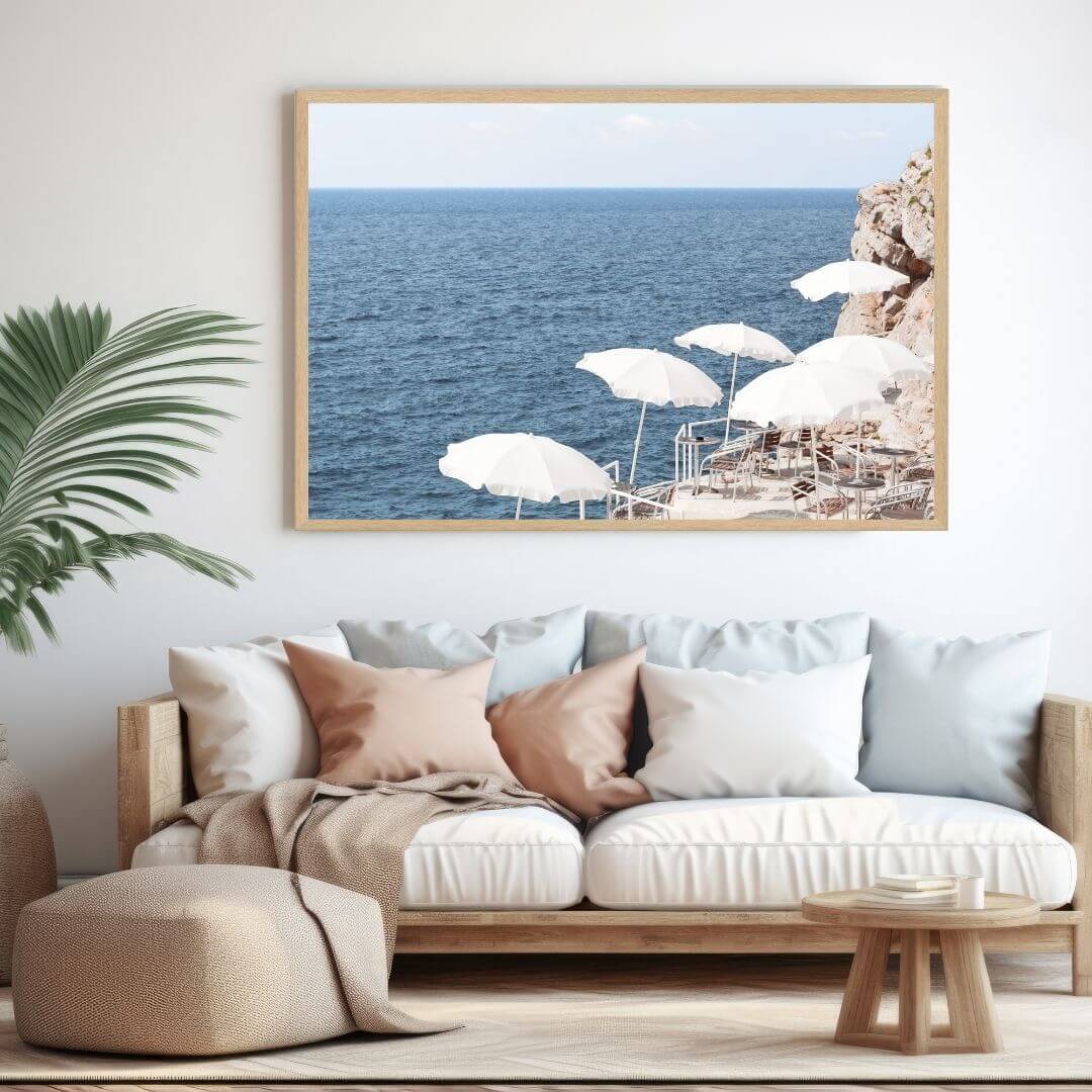 A coastal wall art photo print of white umbrellas on an Amalfi Coast Beach Italy with a timber frame or unframed for you living room Decor