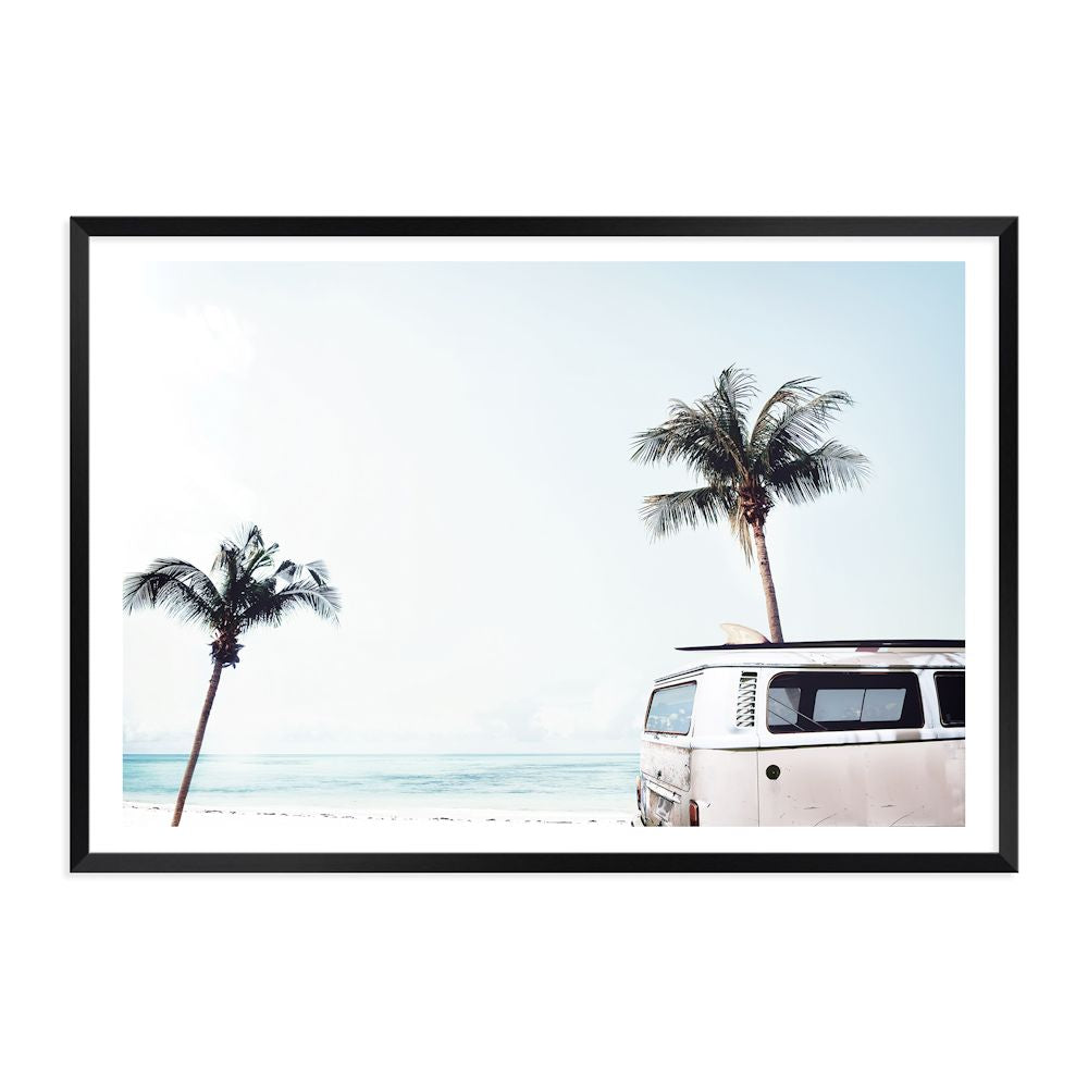 An artwork of an iconic blue Kombi van at the beach with palm trees, available in canvas or photo print.