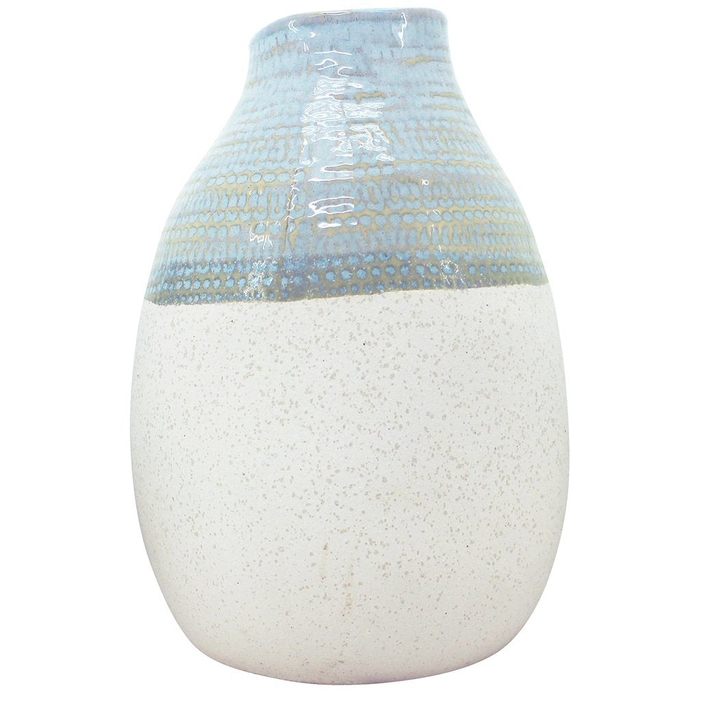 A large handmade vase with a light blue glazed top and bottom speckled textured effect, Beautifully compliments our range of home decor vases and plant pots in the same style.