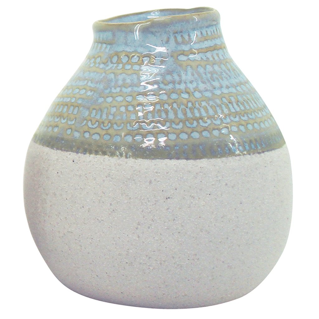 A small handmade Diggle vase with a light blue glazed top and bottom speckled textured effect, Beautifully compliments our range of home decor vases and plant pots in the same style.