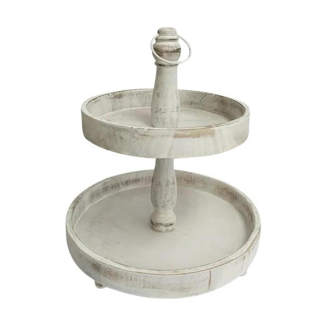 Cape 2 Tier Round Stand White Wash 46cm Cup Cake Christmas Decorative Tray