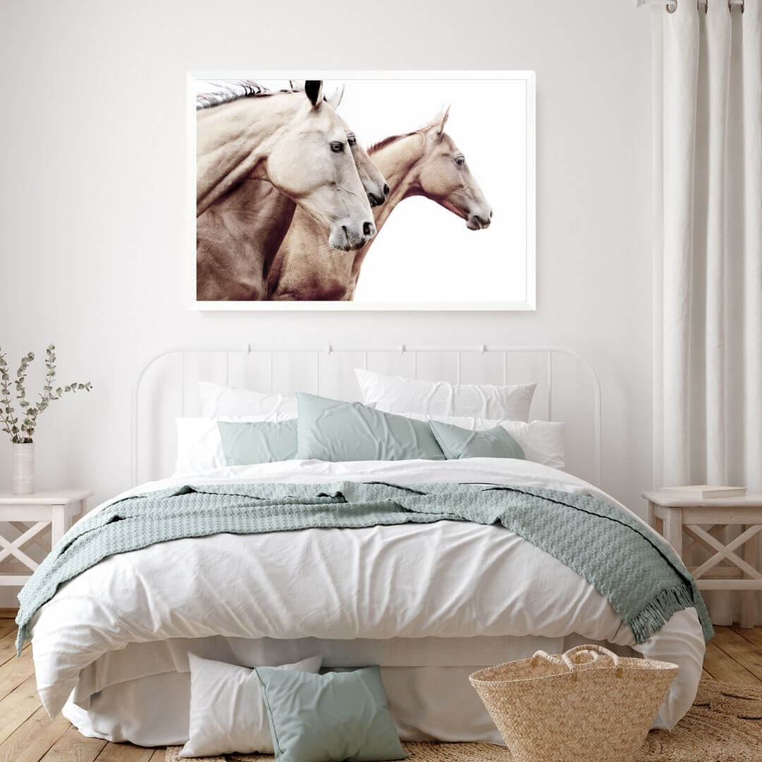 3 Palomino Horses Wall Art Photograph Print Picture Artwork framed in white by Beautiful Home Decor hung above bed wall.