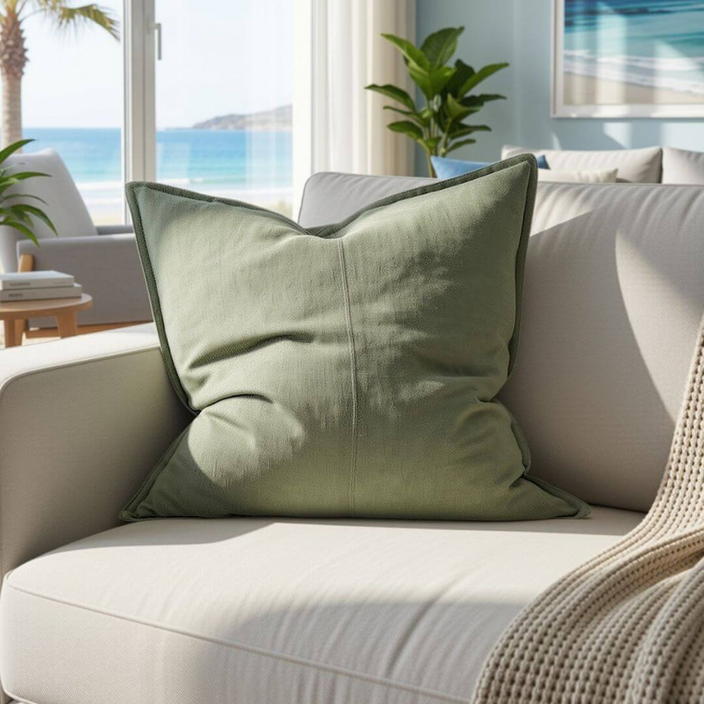 50cm  Como Linen Cushion Olive Green in a modern coastal Australia home