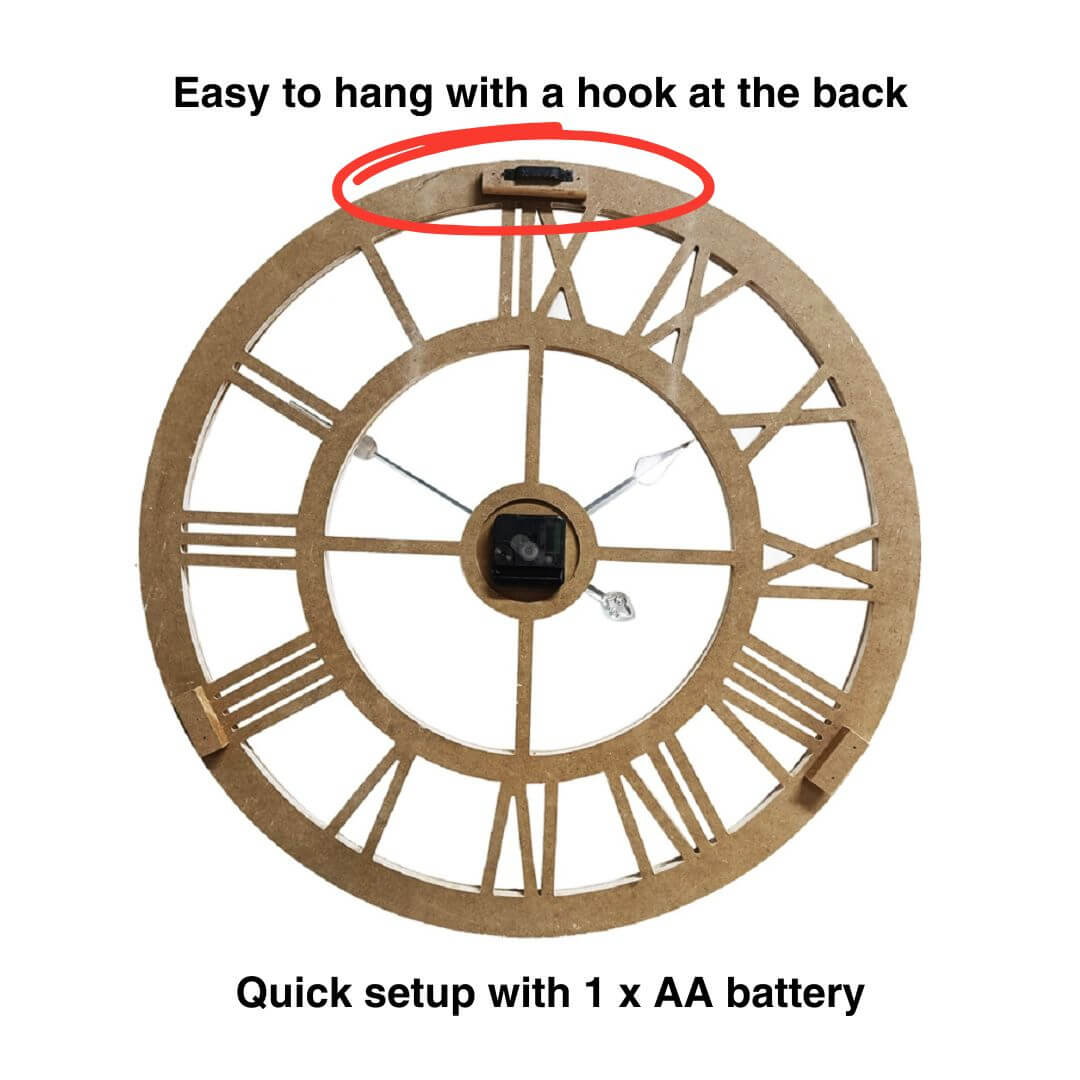 large wall clock with text indicating it's easy to hang and has a battery requirement.
