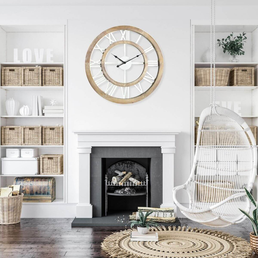 The 60cm 80cm Hamptons Double Frame Floating Wall Clock combines white numerals with a warm natural timber frame for your living room